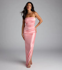 Brianna Satin Strapless High Slit Column Dress