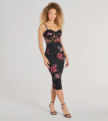 Divine Nature Floral Lace Corset Midi Dress