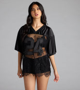 Sporty Chic Lace V-Neck 24 Graphic Jersey Top